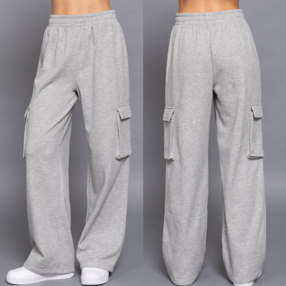 Active USA Pants - Active USA Heather Grey Waist Band Inner Fleece French Terry Cargo Long Pants